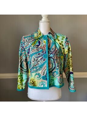 Harve Bernard Paisley Jacket Teal Green Button Front Statement Piece SMALL
